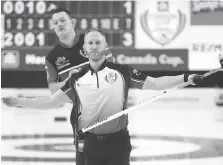  ?? MICHAEL BURNS/THE CANADIAN PRESS ?? Skip Brad Jacobs says the new timing system tested at the Canada Cup was “exhausting.”