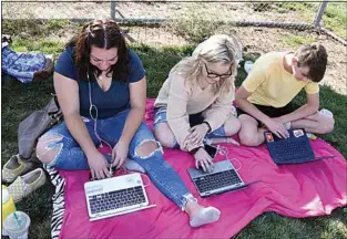  ?? NICK SMIRNOFF / FOR TEHACHAPI NEWS ?? Along with their Chromebook laptops, students brought chairs, textbooks and snacks for their sit-in held at Tehachapi High School Thursday morning. After finding suitable hot spots, they opened their laptops and attempted to go online to their teachers, but with great difficulty.