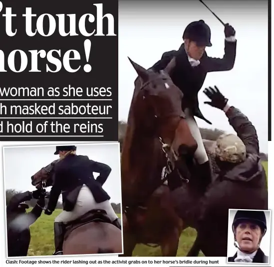  ??  ?? Clash: Footage shows the rider lashing out as the activist grabs on to her horse’s bridle during hunt