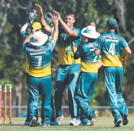  ?? Picture: PATRINA MALONE ?? PINT's bowler Patrick Galler celebrates one of his four wickets with teammates yesterday