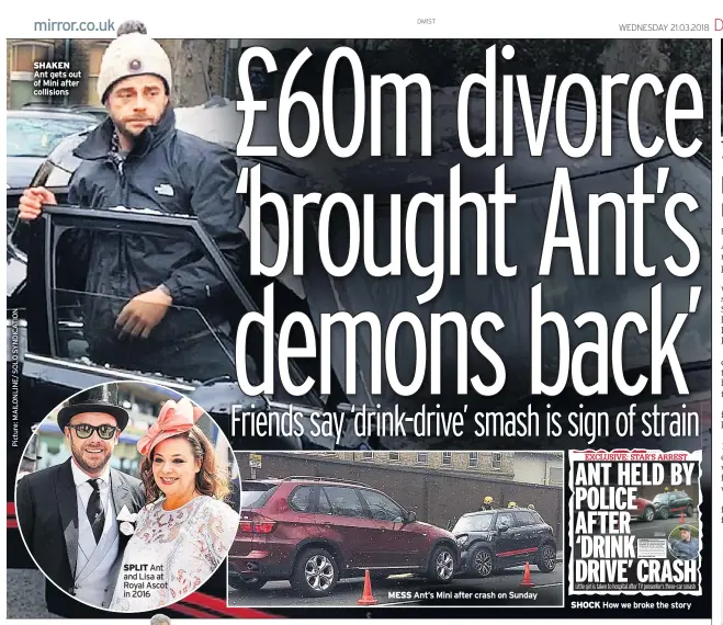  ??  ?? SHAKEN Ant gets out of Mini after collisions SPLIT Ant and Lisa at Royal Ascot in 2016 MESS Ant’s Mini after crash on Sunday SHOCK How we broke the story