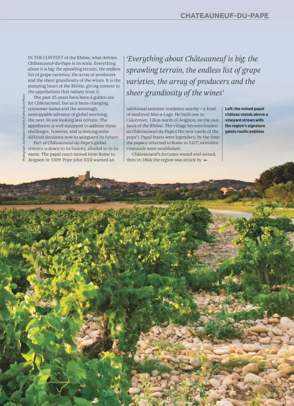  ??  ?? Left: the ruined papal château stands above a vineyard strewn with the region’s signature galets roulés pebbles