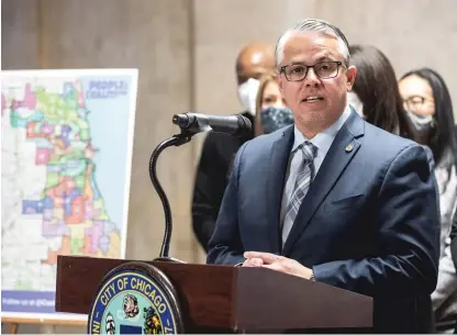  ?? PAT NABONG/SUN-TIMES ?? Ald. Gilbert Villegas (36th) says the boundaries of his ward under a proposed remap resemble a CTA bus route.