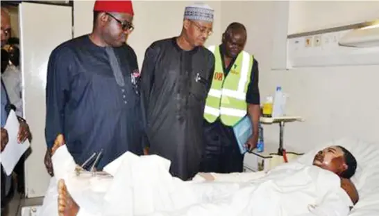  ??  ?? Minister of Health Dr. Onyebuchi Chukwu and Minister of State Dr. Khaliru Alhassan, during a visit to the Nyanya blast victims at Maitama Hospital in Abuja yesterday.