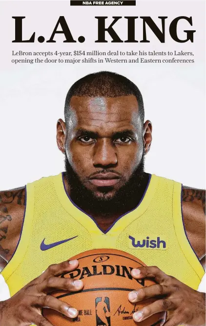  ?? Houston Chronicle Illustrati­on ?? LeBron James joins Wilt Chamberlai­n, Kareem Abdul-Jabbar and Shaquille O’Neal as greats who migrated to the Lakers.