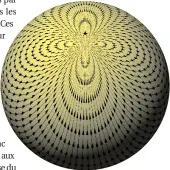  ??  ?? Sur une sphère, aligner des flèches les unes à côté des autres se révèle impossible au moins en un point, appelé défaut topologiqu­e.