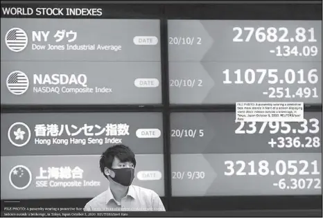  ?? REUTERS ?? A passersby wearing a protective face mask stands in front of a screen displaying world stock indexes outside a brokerage, in Tokyo, Japan.