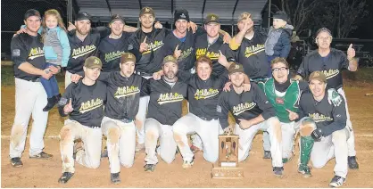  ?? JASON MALLOY/THE GUARDIAN ?? The Alley Stratford Athletics are the Kings County Baseball League champs. They won the title Sunday in Morell. Team members, front row, from left, are Adam Smith, Jonathan Arsenault, Jacob Smith, Ryne MacIsaac, Shawn MacDougall, Grant Grady and Allister Smith. Second row, Dan O’Shea with Paisley, Corey Dougay, Matt Lange, Dominique Ryan, Parker Ronahan, Brady Arsenault, Randy Taylor with Eli and coach Eddie Taylor.