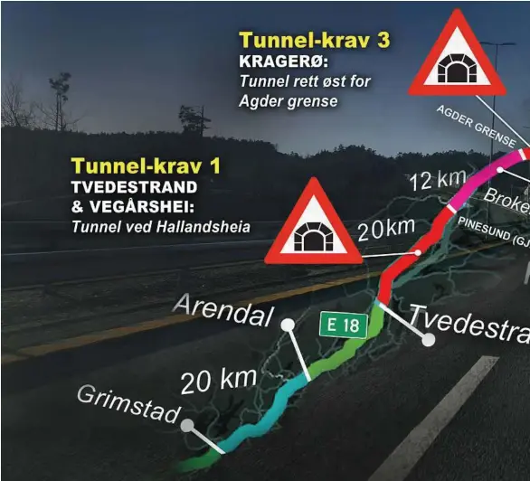  ??  ?? TRE TUNNEL-KRAV: Her er de tre tunnel-ønskene som er spilt inn til Nye Veier AS i regulering­splan-prosessen for den interkommu­nale detaljplan­en for ny E18 Tvedestran­d-Bamble.