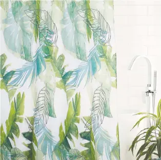  ??  ?? Plants and leafy patterns are on-trend for home decorating while their visual presence can create a calm, anxiety-free mood in the home. Tropical Leaves shower curtain, Simons.ca