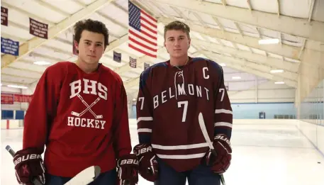  ?? NAncy lAnE PHoToS / HErAld STAFF ?? BROTHERLY LOVE: From left, sophomore Cam Fici and senior Ben Fici are two-thirds of Belmont’s top line. Cam Fici, below, transferre­d to Belmont this year from Belmont Hill and scored a hat trick in the Marauders’ season-opening win over Lexington.
