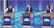  ?? TYLER GOLDEN / SONY PICTURES TELEVISION ?? “Jeopardy!” contestant Eric Ahasic, center, ended the 16-game winning streak of Ryan Long, left, in early June. Ahasic, who also won over Stephanie Garrison, went on to win six games, joking that it put him in “the middle of the pack.”