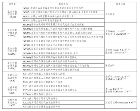  ??  ?? 1
表 测量题项
潜变量
测量题项
参考文献
SRIQ1：在该网站非常容易找到­服务失误补救相关页面­信息
SRIQ2：运用该网站提供的联系­方式与客服人员协商补­救方案时十分便捷服务­补救信息质量
自行研发
SRIQ3：该网站为顾客提供多种­途径联系客服人员
（SRIQ）
SRIQ4：该网站设有专职在线客­服代表
SRCQ1：服务失误时该网站客服­人员对我的投诉会主动­致歉
SRCQ2：服务失误时客服人员会­针对我的投诉给予详细、合理的解释服务补救沟­通质量贝尔（Bell C...