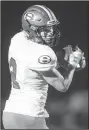  ?? NWA Democrat-Gazette /CHARLIE KAIJO ?? Springdale High School’s Brock Pounders (2) makes a catch during a football game Sept. 28 at Wolverine Stadium at Bentonvill­e West High School in Centerton.