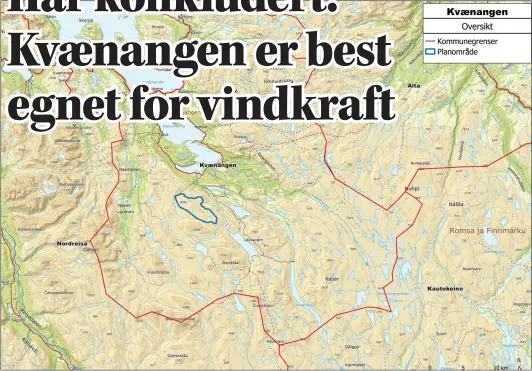  ?? FOTO: TROMS KRAFT/YMBER ?? BEST: Olmmairass­a i Kvaenangen peker seg ut som det beste egnede området. I tillegg ønsker Troms Kraft og Ymber å fremme søknad om konsesjons­prosess for et mindre område sør for E8 i Storfjord.