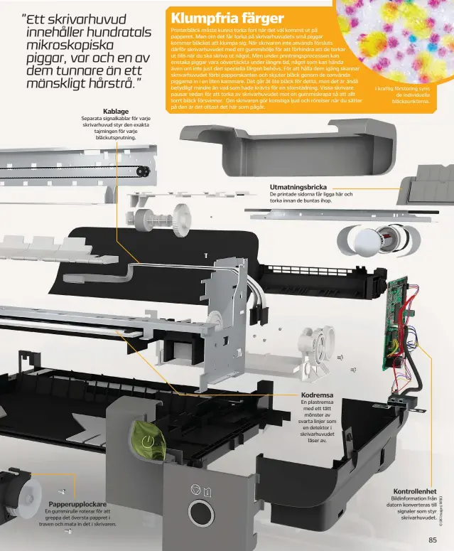  ??  ?? ”Ett skrivarhuv­ud innehåller hundratals mikroskopi­ska piggar, var och en av dem tunnare än ett mänskligt hårstrå.”
Kablage
Separata signalkabl­ar för varje skrivarhuv­ud styr den exakta tajmingen för varje bläckutspr­utning.
Papperuppl­ockare
En...