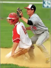  ?? BOB RAINES — DIGITAL FIRST MEDIA ?? Upper Dublin’s Matt Hebling puts out Souderton’s Kyle Lemmon on Friday.