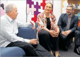  ??  ?? Jigsaw Whanganui executive officer Tim Metcalfe (left) talks social policy with Social Developmen­t Minister Carmel Sepuloni and Palmerston North MP Iain Lees-Galloway.
PHOTO / STUART MUNRO