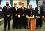  ?? SUBMITTED PHOTO ?? New Upper Darby police officers Nicholas Moriconi, Maura O’Connell, and Adam Wheatley with Mayor Barbarann Keffer and Police Superinten­dent Tim Bernhardt.