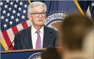  ?? JACQUELYN MARTIN — THE ASSOCIATED PRESS FILE ?? Federal Reserve chairman Jerome Powell speaks during a news conference, Feb. 1at the Federal Reserve Board in Washington. On Wednesday, the Fed released minutes from its February meeting when it raised its benchmark lending rate by 25basis points.