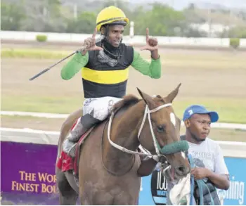  ?? (Photos: Garfield Robinson) ?? Jockey Reyan Lewis celebrate aboard Allegiance after winning the Sir Howard Stakes feature race on Sunday, March 24, 2024. Holding Allegiance is Tafara Wright, one of the groom at Anthony Nunes’ stable.
