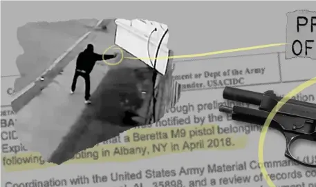  ?? Ap illustrati­ons ?? MISSING: A photo illustrati­on shows a gun tied to four shootings in Albany, N.Y., an investigat­ive document and surveillan­ce video of one shooting. At left, a photo illustrati­on of an arms room at Malmstrom Air Force Base.