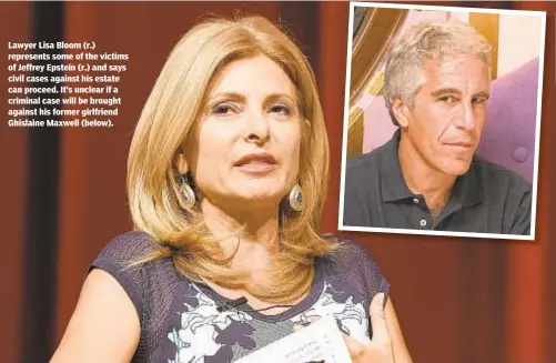  ??  ?? Lawyer Lisa Bloom (r.) represents some of the victims of Jeffrey Epstein (r.) and says civil cases against his estate can proceed. It’s unclear if a criminal case will be brought against his former girlfriend Ghislaine Maxwell (below).