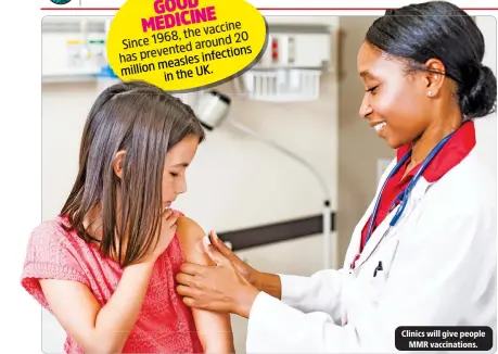 ?? ?? GOOD vaccine the
Since 1968, around 20 prevented infections has measles m illion in the UK.
Clinics will give people MMR vaccinatio­ns.