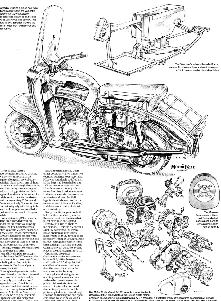  ??  ?? In tead of utilising a brand new type of engine like that in the Velocette Viceroy, the DMW Deemster scooter relied on a tried and tested 24 cc Villiers two-stroke twin. This drawing by J E Fisher showed the built-in legshields, windscreen and re r carrier.
The Deemster’s robust all-welded frame featured 2in-diameter tank and seat tubes and a 1¼-in square-section front downtube
The Montesa Sportsman’s cylinde head featured a half moon squish band to give a compressio­n ratio of 12 to 1
The Motor Cycle of April 6, 1961 went to a lot of trouble to describe a little 125cc Montesa two-stroke single racing engine in this wonderful exploded drawing by J A Marsden. It illustrate­d many of the features described by Hermann rt downdraugh­t, I-section connecting rod and open crankshaft balance holes.