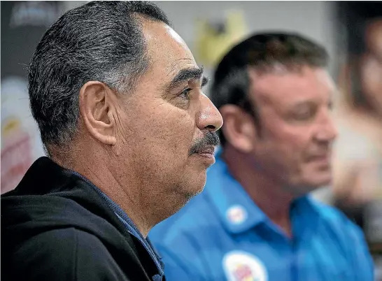  ?? PHOTO: LAWRENCE SMITH/FAIRFAX NZ ?? It was the turn of the trainers to enter the spotlight yesterday as Abel Sanchez, left, and Kevin Barry meet the media in Auckland ahead of Saturday’s title fight.