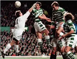  ??  ?? GLORY NIGHT: Mackay bullets home a header to knock Rangers out of the Scottish Cup in 1997, 10 days before he was sent off against the Ibrox side