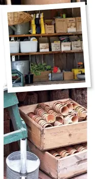  ??  ?? CLOCKWISE FROM LEFT Reuse old drawers for storage; keep small items in labelled containers; group tools in buckets; mount hooks on your shed’s wall; the ideal micro-shed – room to store and work; bins are perfect for bulky material.