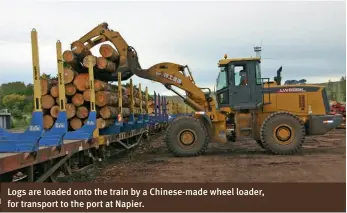  ??  ?? Logs are loaded onto the train by a Chinese-made wheel loader, for transport to the port at Napier.