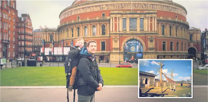  ??  ?? ●●Stuart Greer and son Oscar outside the Royal Albert Hall, and inset, the giraffe enclosure