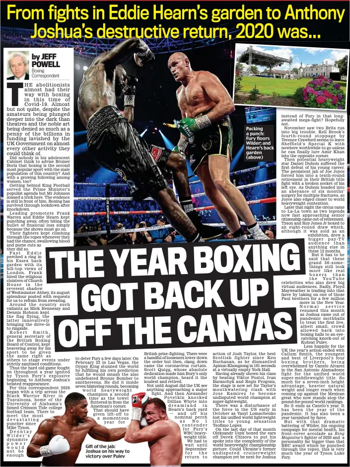  ??  ?? Gift of the jab: Joshua on his way to victory over Pulev
Packing a punch: Fury floors Wilder; and Hearn’s back garden (above)