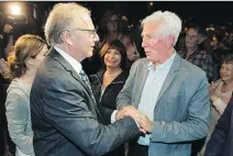  ?? GRAHAM HUGHES/THE CANADIAN PRESS ?? Parti Québécois Leader Jean-Francois Lisee, left, with former Bloc Québécois leader Gilles Duceppe.