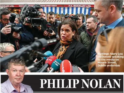  ??  ?? Hustings: Mary Lou McDonald speaking to the media on Moore Street, Dublin yesterday