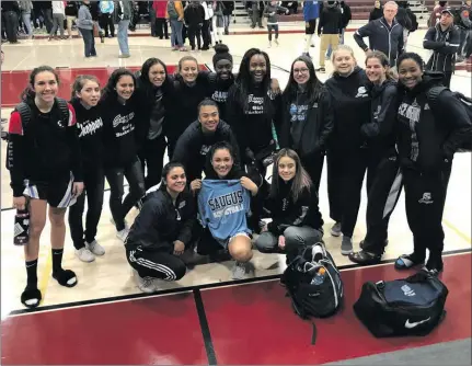  ?? Courtesy photo ?? Members of the Saugus girls basketball team pose for a photo after beating Claremont Wednesday night in Claremont. The Centurions advanced to the CIF-SS 3A semifinals after the 57-35 victory.