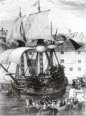  ??  ?? Well-wishers bid the Mayflower farewell as it leaves Plymouth for America, 6 September 1620 (Old Style calendar). Ahead lay 10 weeks of “perils and miseries”