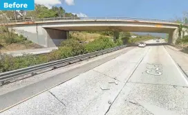  ?? GOOGLE STREET VIEW AND MIKE ELIASON/SANTA BARBARA COUNTY FIRE DEPT. VIA EPA-EFE ?? US 101 at the Olive Mill Road overpass was flooded with runoff water from Montecito Creek and blocked with mud and debris after heavy rains in Montecito, Calif. All the rain raised the risk of mudslides and flash flooding. Before