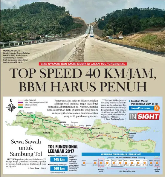  ?? FOTO: ANDRA NUR OKTAVIANI/JAWA POS - GRAFIS: ERIE DINI/JAWA POS ?? MEMBELAH BUKIT: Kondisi ruas tol Bawen-Salatiga kemarin (11/6). Masih banyak ruas tol dengan kondisi lebih buruk yang akan dilalui pada arus mudik nanti.