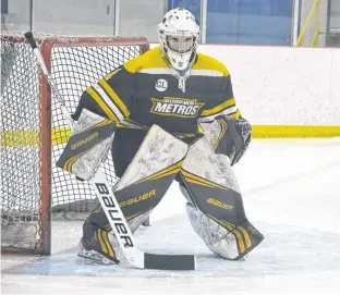  ?? JASON SIMMONDS • THE GUARDIAN ?? Sherwood-Parkdale A&S Scrap Metal Metros goaltender Matt Jelley made 34 saves in a 5-2 win over the Arsenault’s Fish Mart Western Red Wings on Sunday night. The win kept the Metros alive in the best-of-seven Island Junior Hockey League championsh­ip series. The Red Wings will take a 3-1 series lead into Game 5 today at the Evangeline Recreation Centre. The puck drops at 7:30 p.m.