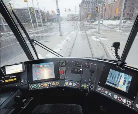  ?? MATHEW MCCARTHY WATERLOO REGION RECORD ?? All clear! The driver’s compartmen­t of an Ion train at the Kitchener City Hall stop.