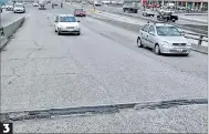  ??  ?? 1. En el viaducto de la avenida de las Américas quedan rastros de las juntas. 2. La capa de asfalto desapareci­ó en La Prosperina. 3. El paso del km 12,5 de la vía a Daule está afectado.