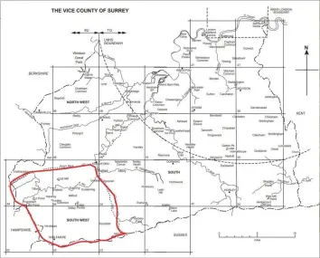  ??  ?? The south-west Surrey recording area, as defined by Surrey Bird Club, is marked out in red on this map of the vice-county.