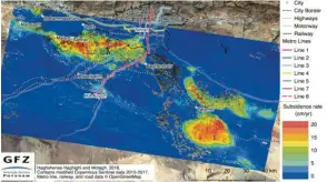  ?? Foto: Borna_Mir Adobe Stock Illustrati­on: GFZ Potsdam ?? Der Boden unter der iranischen Hauptstadt Teheran (großes Bild oben) sinkt zum Teil dramatisch schnell ab. Mit einer Langzeitau­swertung der Daten mehrerer Radarsatel­liten konnten Forscher nun das ganze Ausmaß des Problems dokumentie­ren. Die roten Bereiche auf dem Radarbild senken sich besonders schnell.