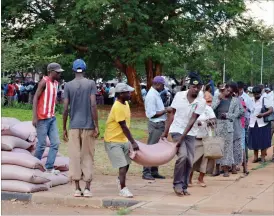  ??  ?? Vulnerable residents receive maize made available under a food aid programme at the Khumalo Hockey Stadium in Bulawayo yesterday