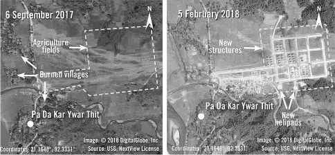  ?? — AFP photo ?? This handout combinatio­n of two satellite images shows before and after images of new structures and helipads being built over agricultur­al fields in the village of Pa Da Kar Ywar Thit in Myanmar’s Rakhine State.