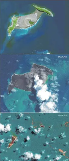  ?? FOTO: MAXAR TEC/DPA ?? Diese Kombinatio­n aus Satelliten­bildern zeigt einen Blick auf den Vulkan Hunga Tonga-Hunga Ha’apai am 10.04.2021, am 06.01.2022 und am 18.01.2022 (von oben nach unten).