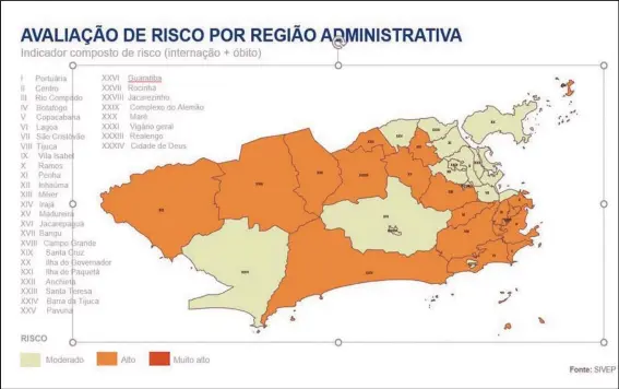  ?? DIVULGAÇÃO / PREFEITURA DO RIO DE JANEIRO ?? Grande parte do território do município do Rio de Janeiro está com risco alto para a Covid- 19, de acordo com o mapa divulgado ontem